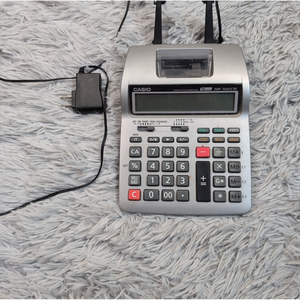 Casio HR-100TM Plus Mini Desktop Printing Calculator Tax Exchange Power Cord